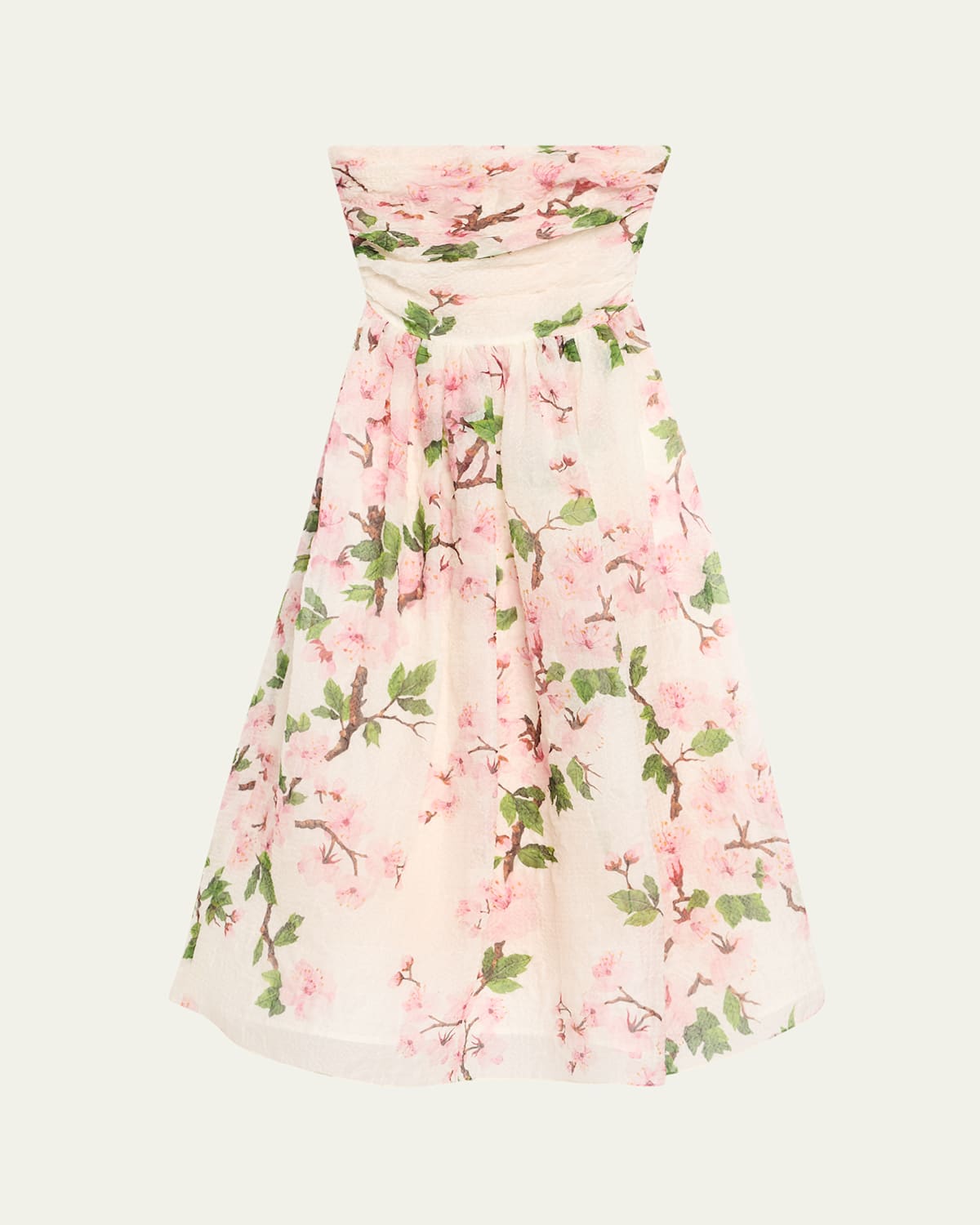 Oscar De La Renta Strapless Cherry Blossom Draped Organza Dress