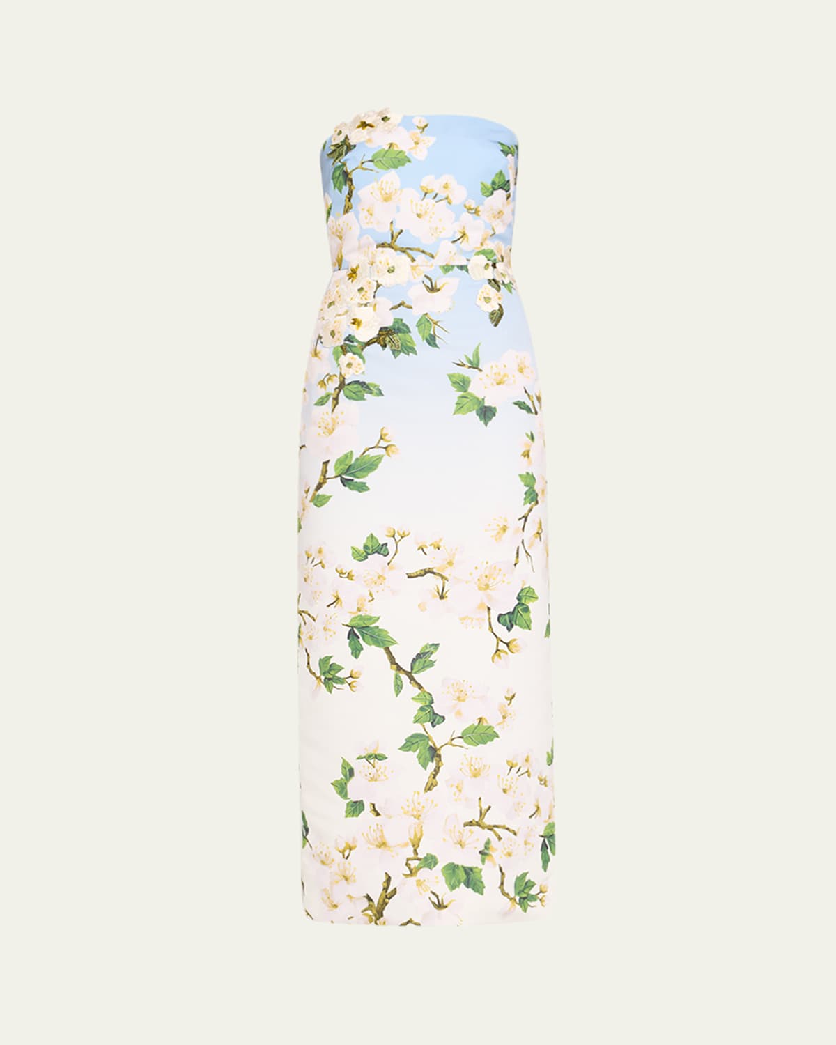 Oscar De La Renta Strapless Cherry Blossom Ombre Embroidered Gown