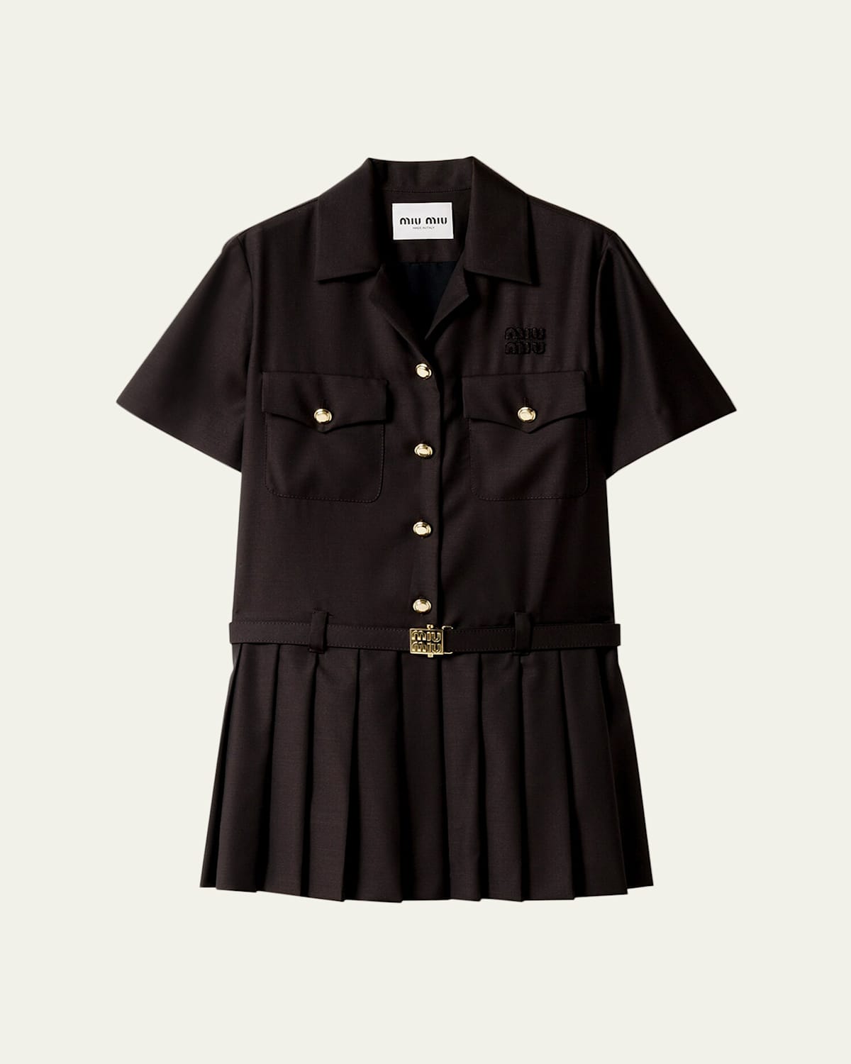 Miu Miu Short-sleeve Pleated Mini Shirtdress With Belt In Brown