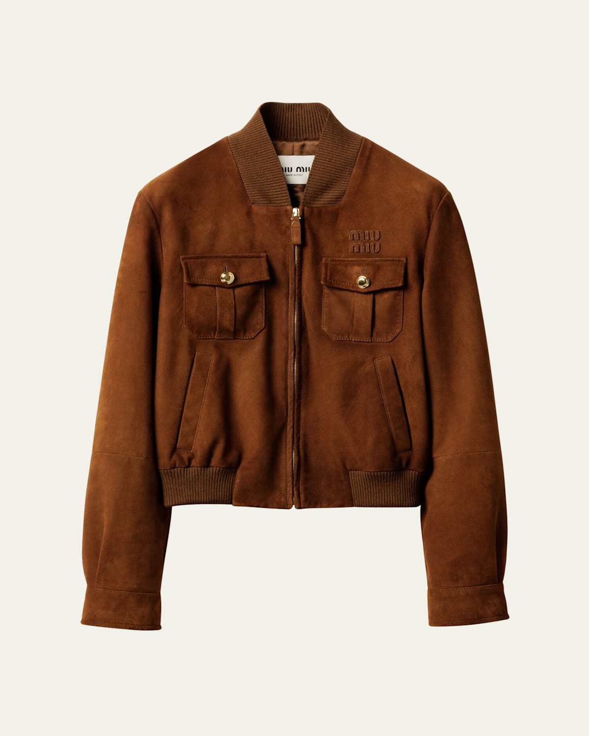 Miu Miu Suede Zip Bomber Jacket In Brown