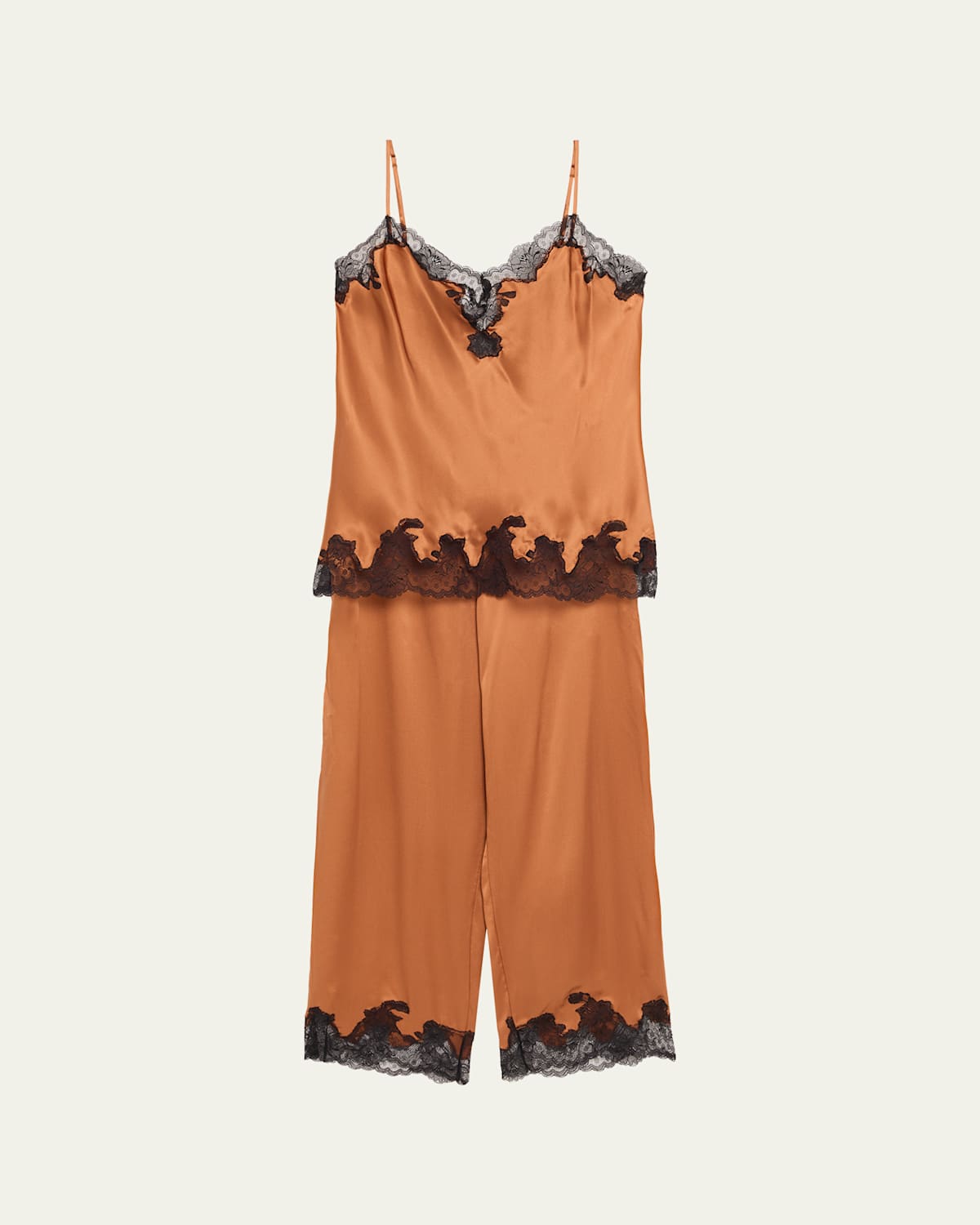 Josie Natori Lolita Lace-trim Silk Charmeuse Crop Pajama Set In Brown