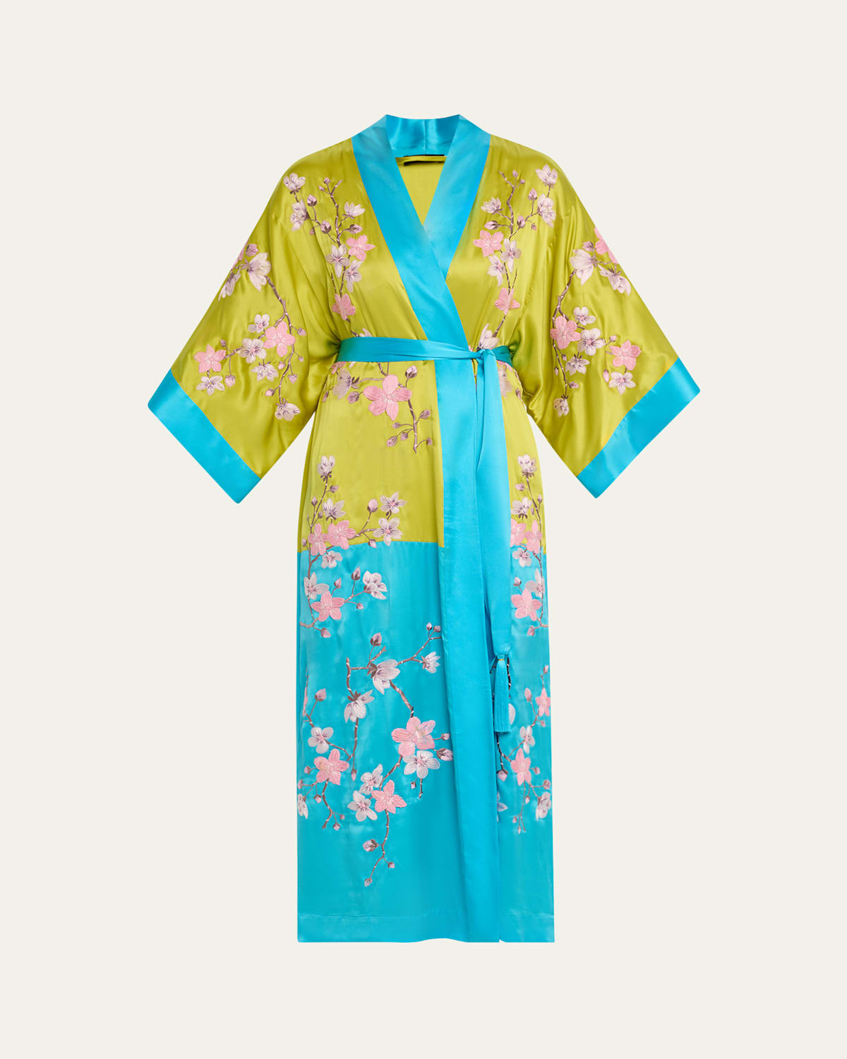 Sakura Couture Embroidered Colorblock Silk Robe