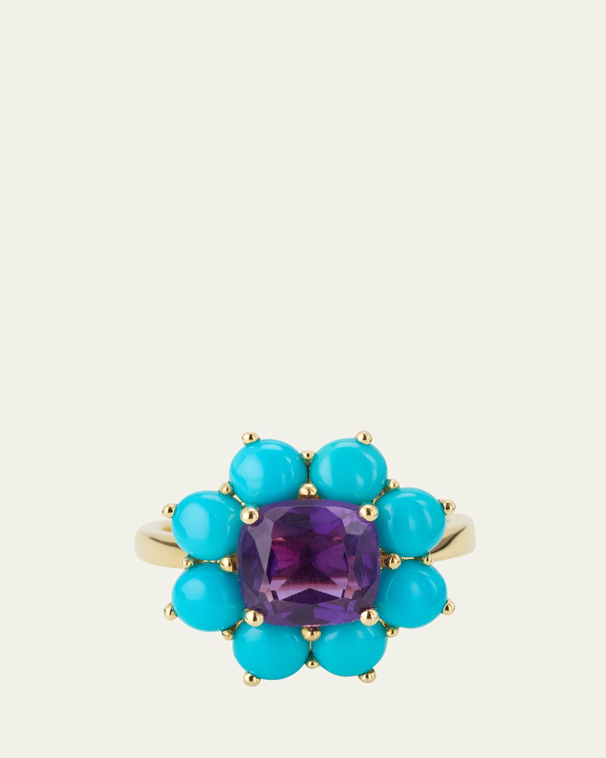 Turquoise and Amethyst Flower Ring in 18K Yellow Gold, Size 6.5