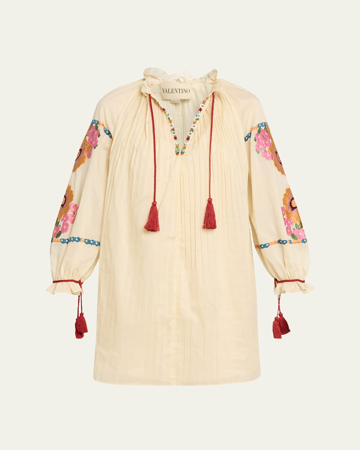 Valentino Floral Embroidered Pintuck Blouse