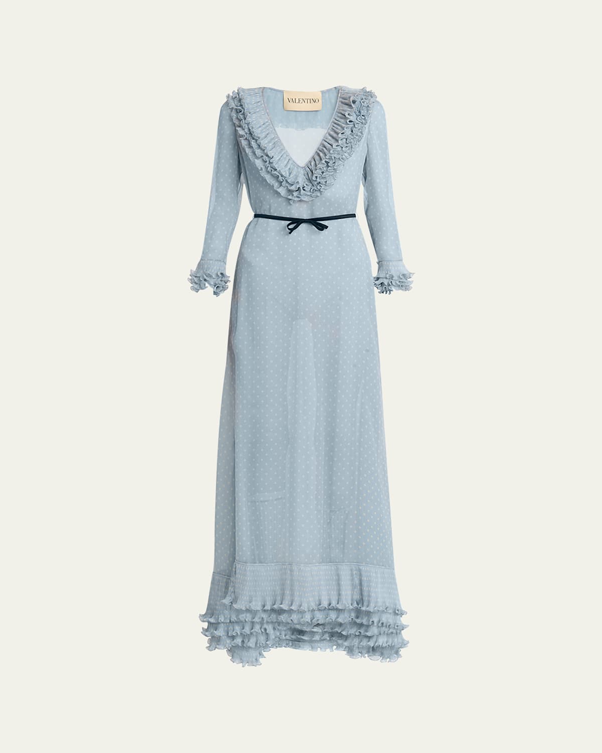 Polka Dot Layered Ruffle Sheer Gown with Ribbon