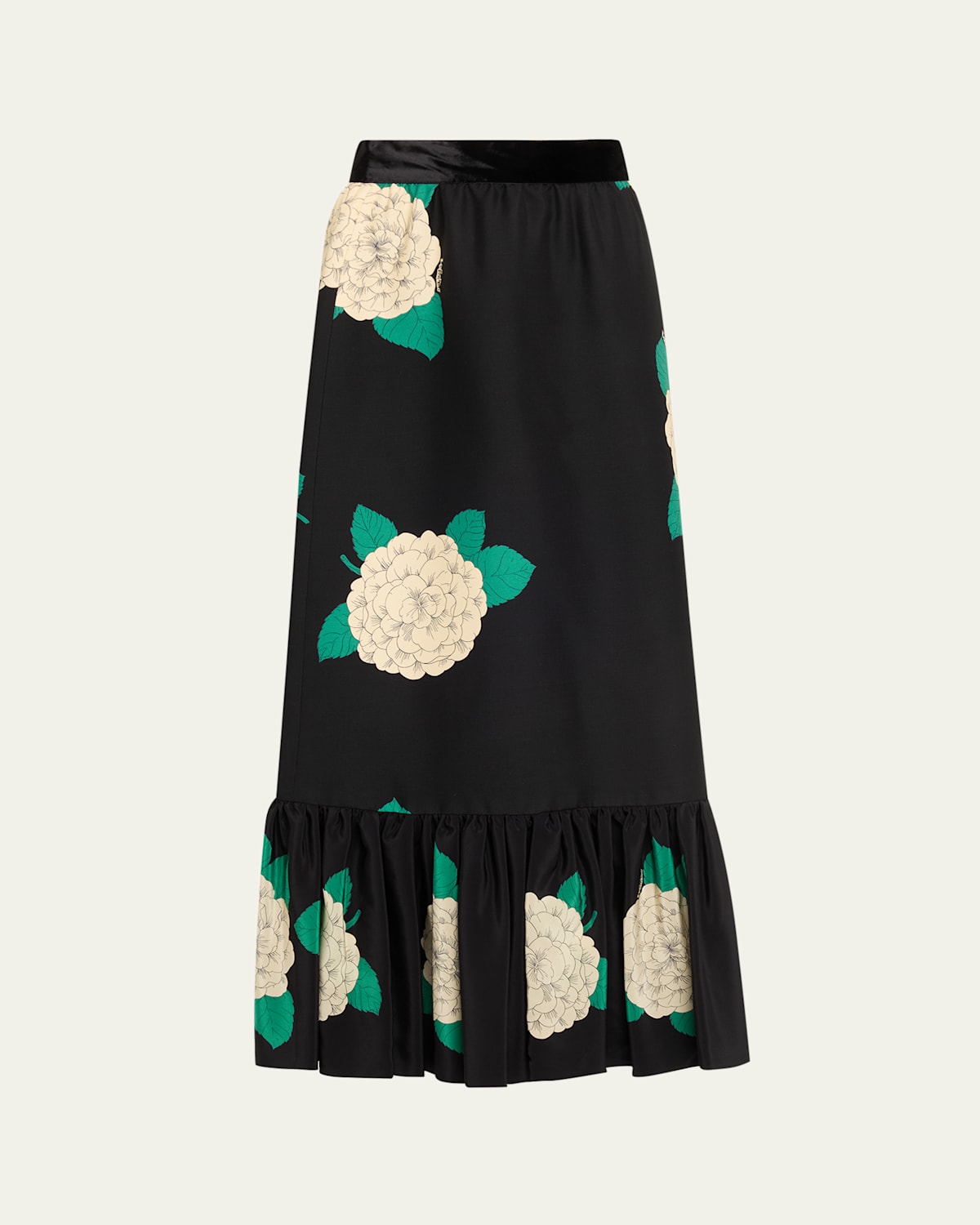 Valentino Ortensia-print Crepe Ruffle Ankle Skirt In Black