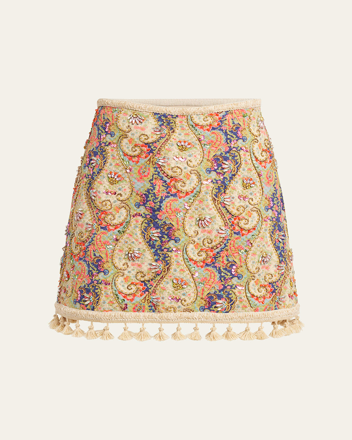 Valentino Embellished Tassel-trim Piquet Mini Skirt In Multi