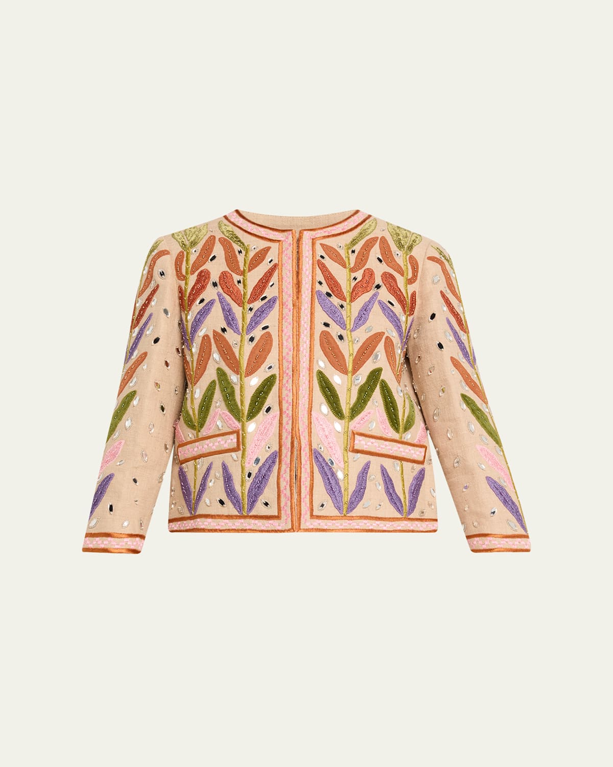 Valentino Beaded Leaf-embroidered Linen Jacket In Multi
