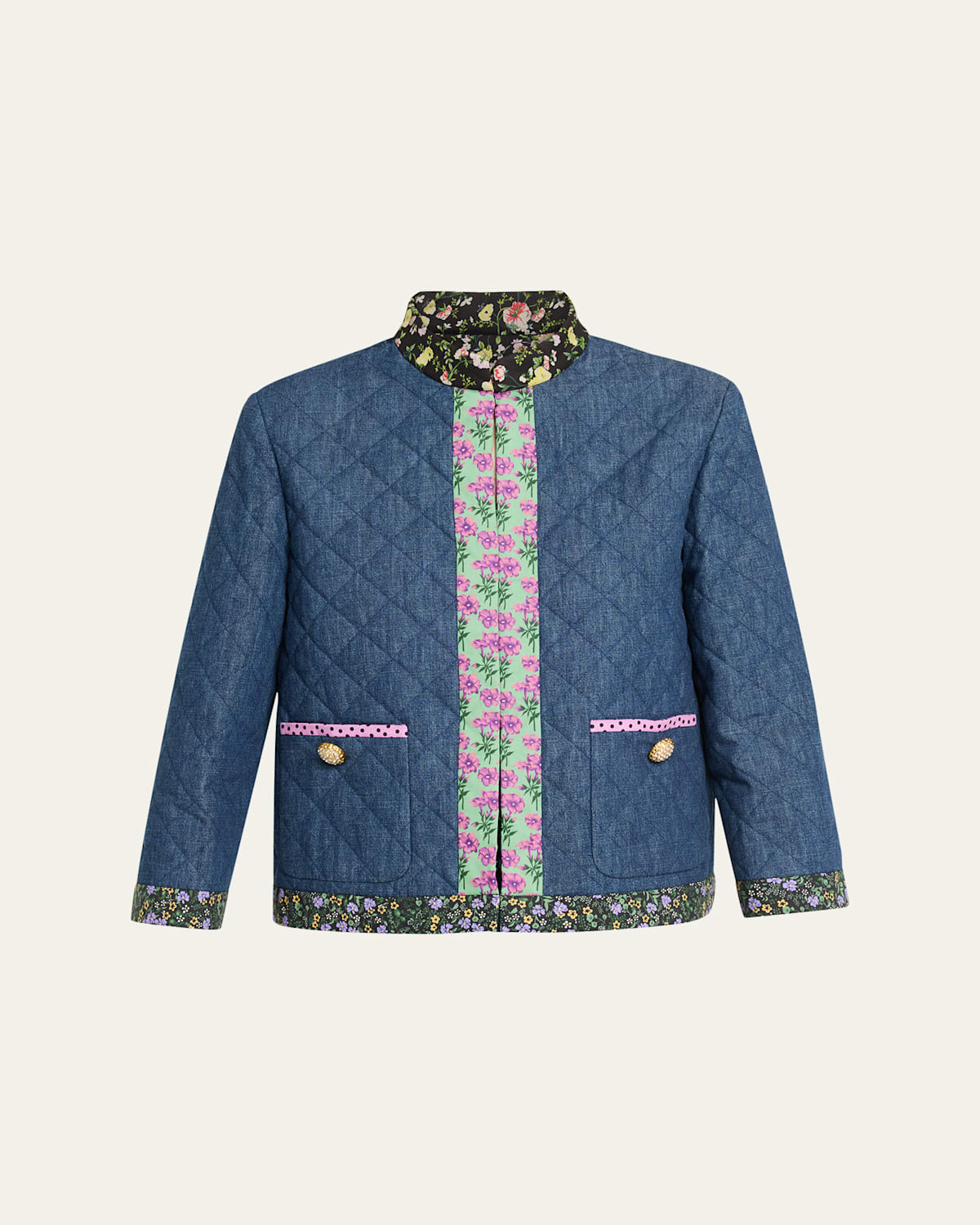 Valentino Open-front Quilted Chambray Jacket In Blue