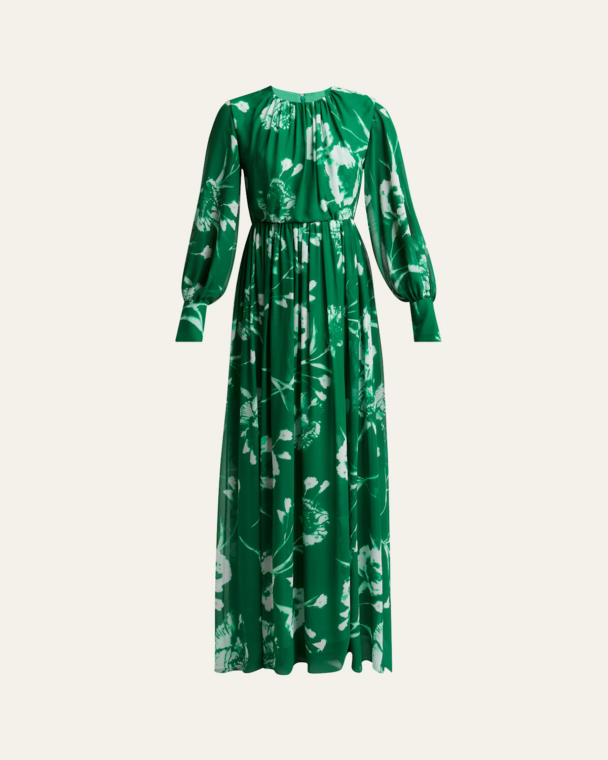 Shop Erdem Gathered Floral Long Sleeve Silk Gown In Carnation Cyanotype