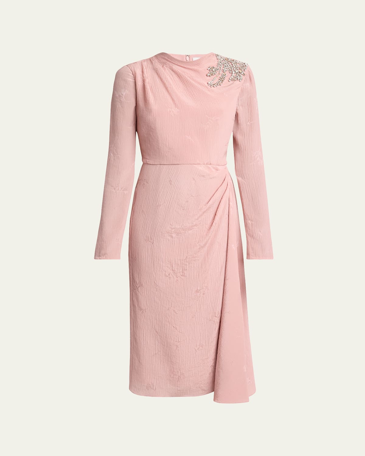 Erdem Long Sleeve Draped Beaded Patch Midi Dress In Dusty Rose