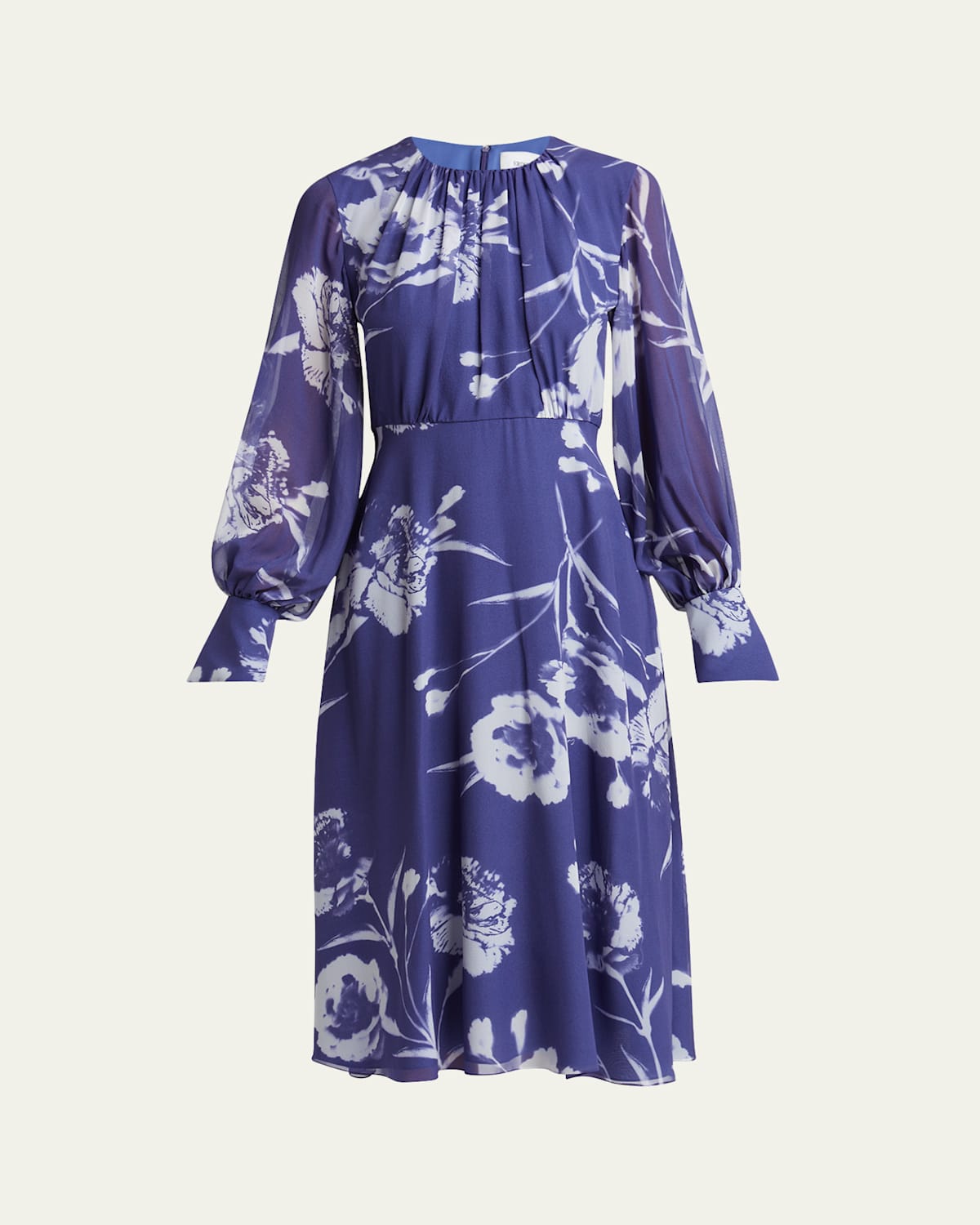 Shop Erdem Gathered Floral Long Sleeve Silk Midi Dress In Carnation Cyanotype