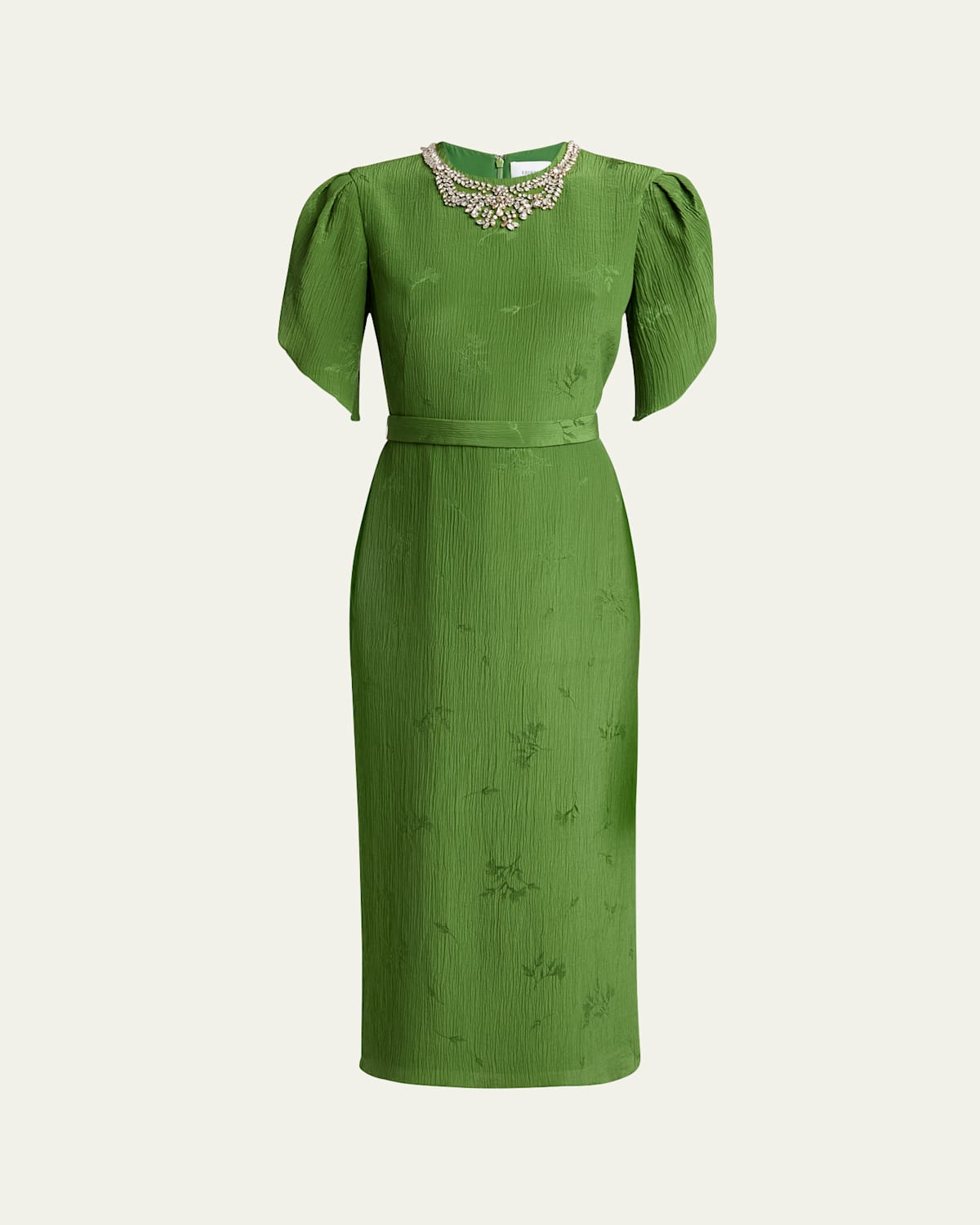 Shop Erdem Crystal Necklace Floral Embroidered Short Sleeve Cocktail Dress In Leaf Green