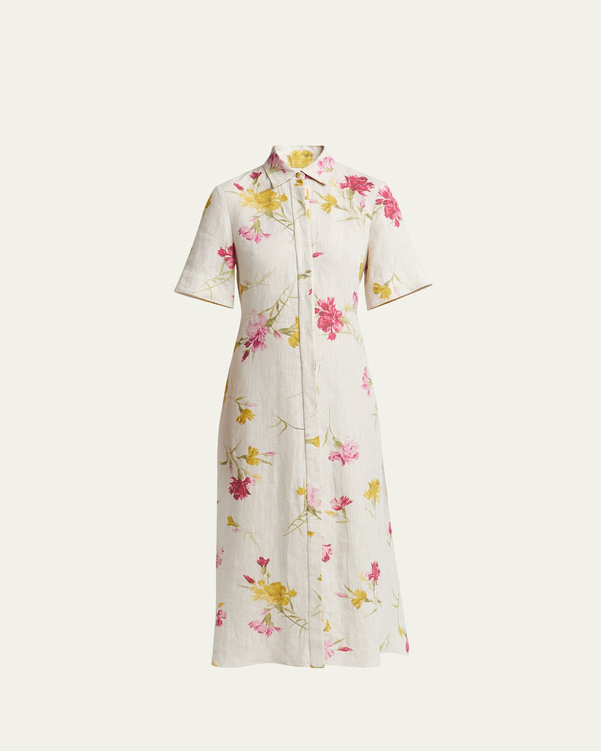 ERDEM FLORAL SHORT SLEEVE MIDI LINEN SHIRTDRESS 