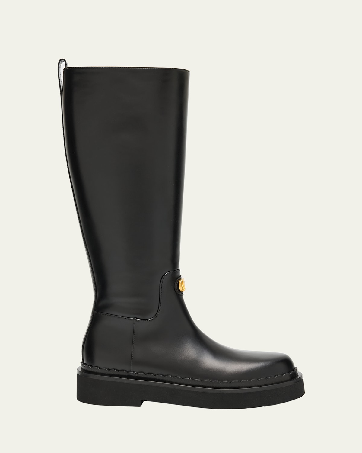 Valentino Garavani Vitello Brass Vlogo Leather Knee-high Boots In Black