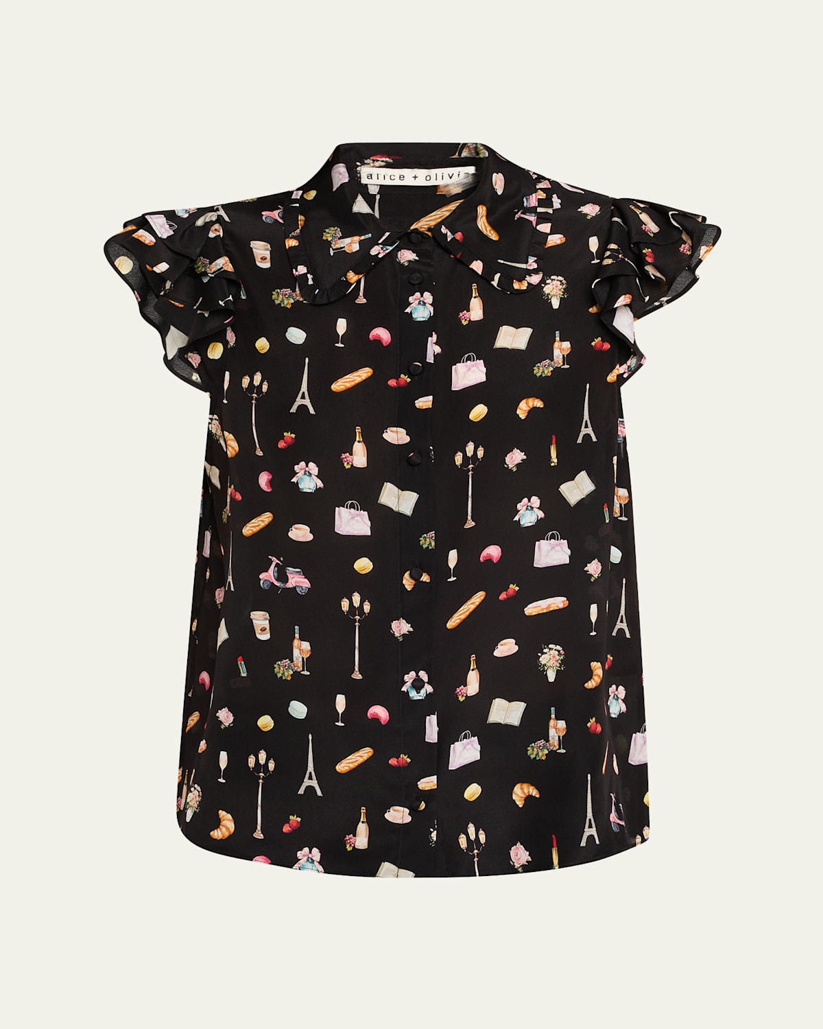 Alice And Olivia Martel Flutter-sleeve Blouse In Black Multi