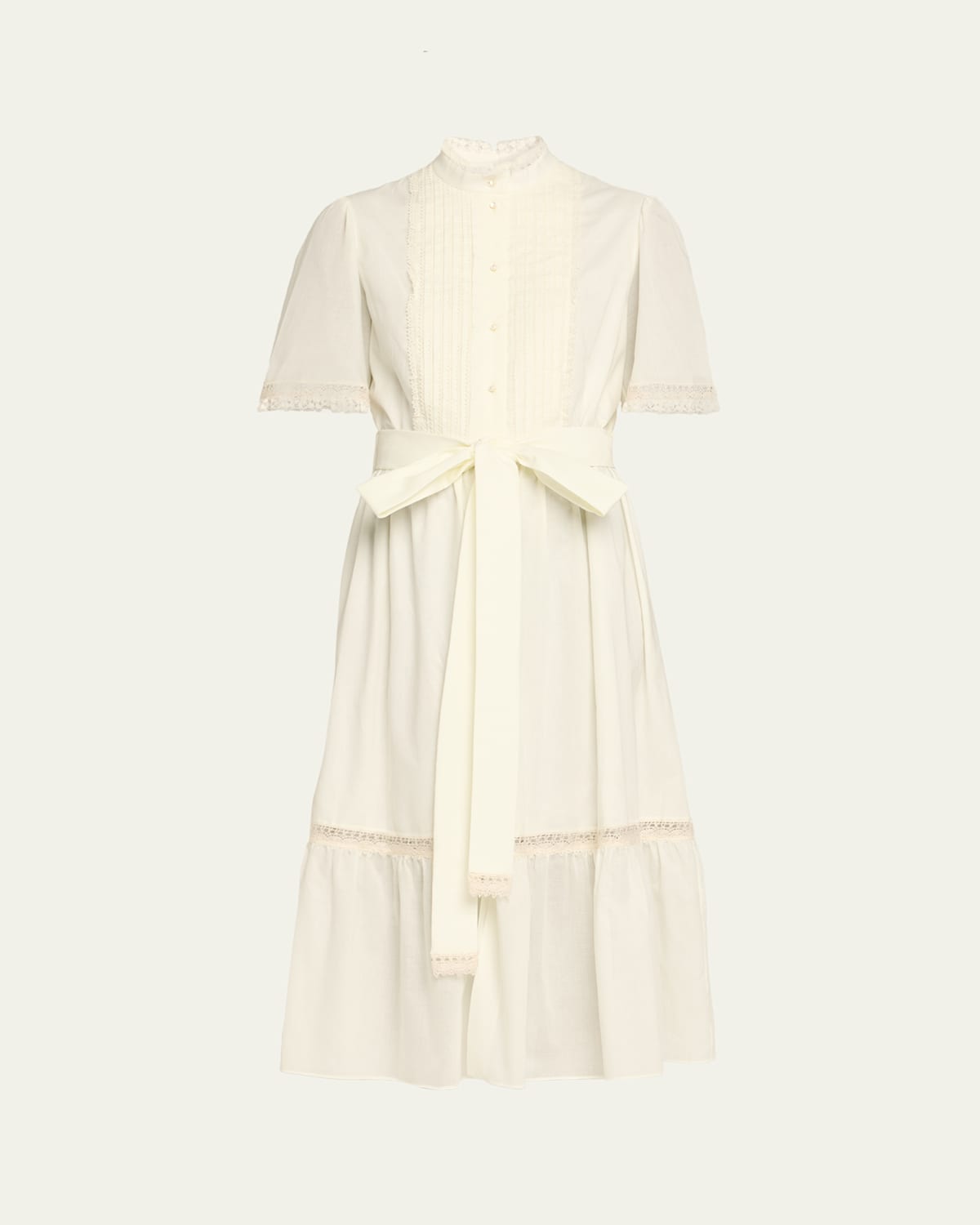 Short-Sleeve Belted Lace-Trim Shirtdress