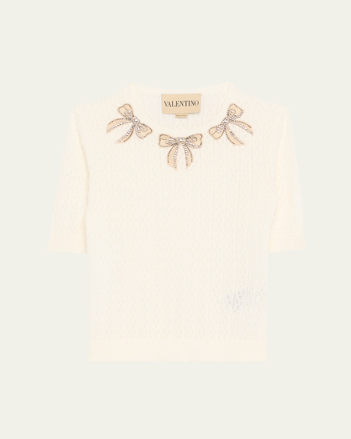 Crystal Bow Collar Short-Sleeve Pointelle Knit Top