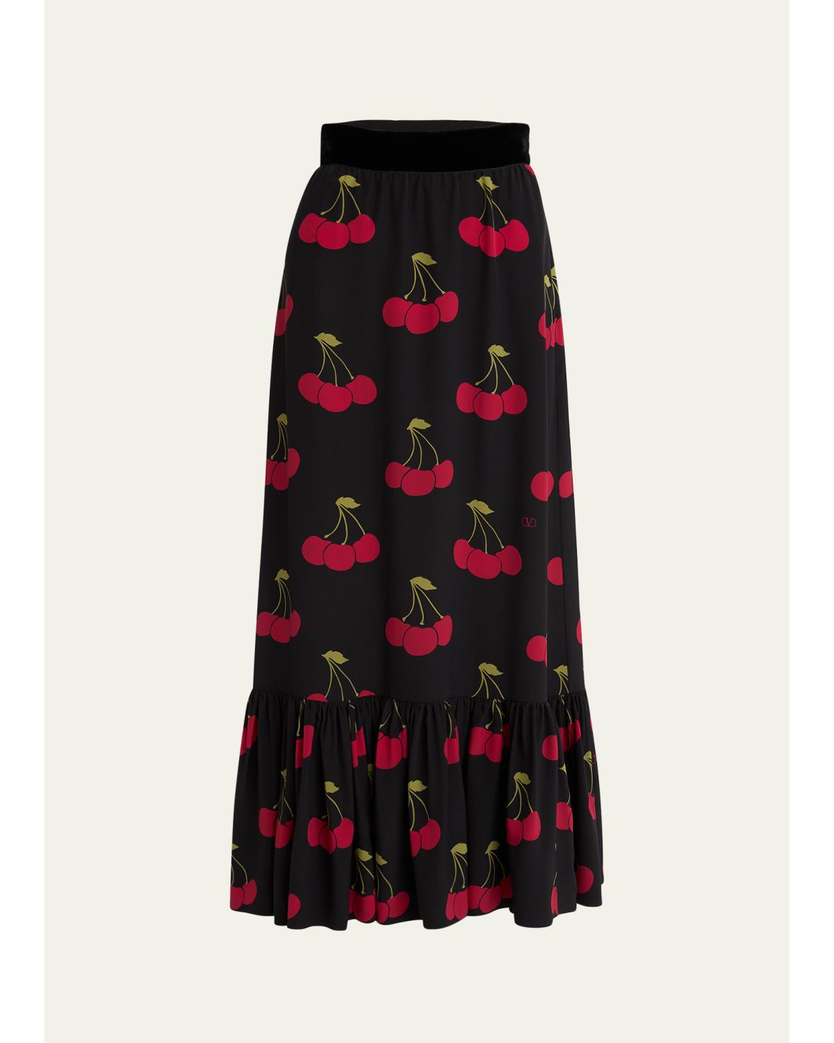 Cherry Print Flounce Silk Maxi Skirt
