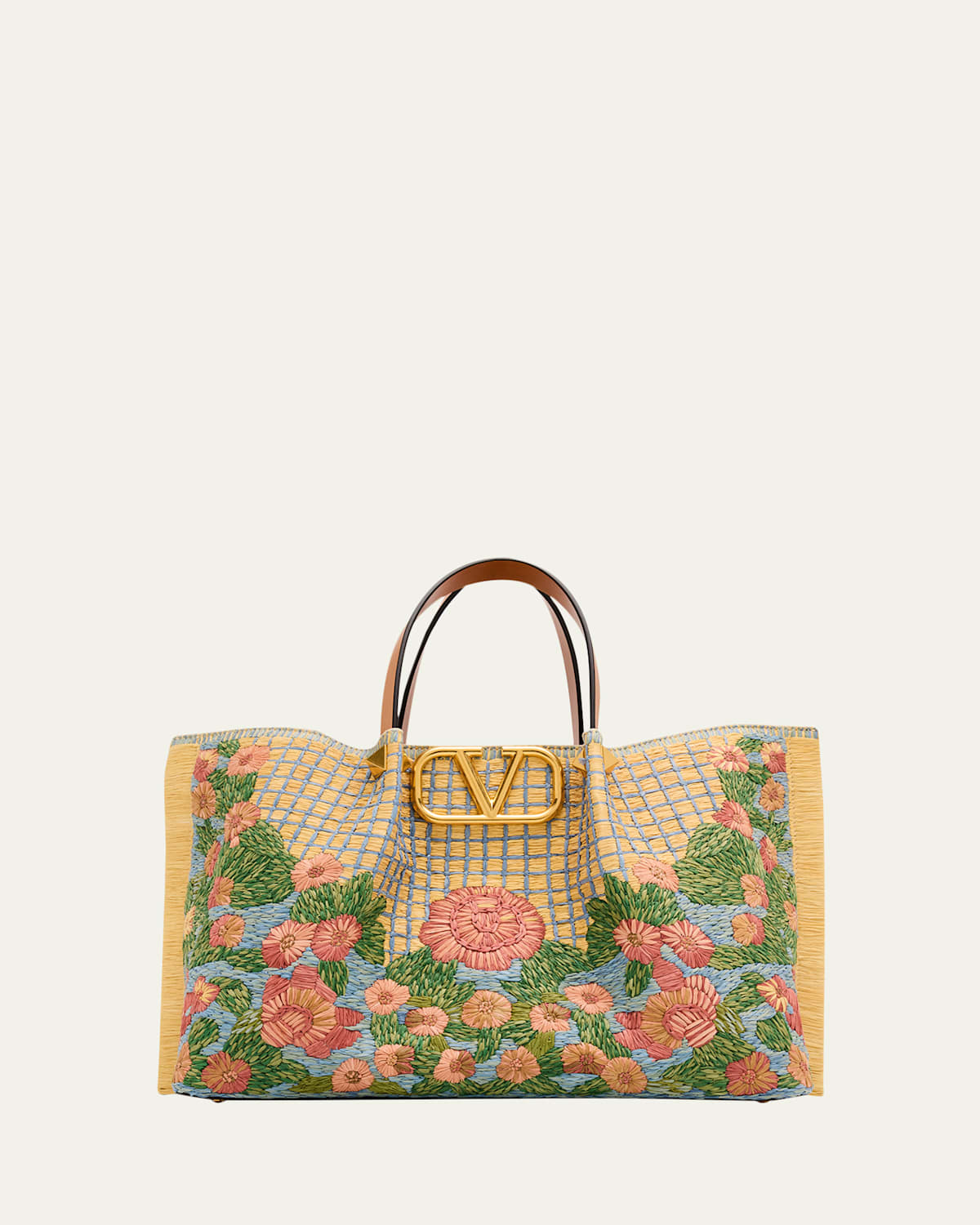 Valentino Floral-embroidered Raffia Tote Bag In Multi