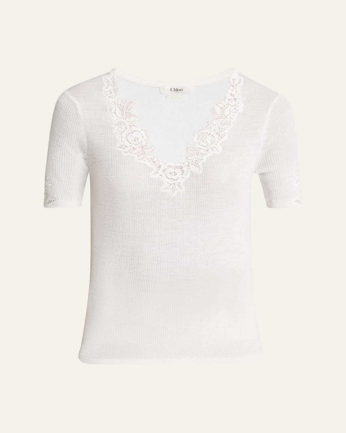 Chloé Floral Guipure Lace V-neck Fitted Top In White