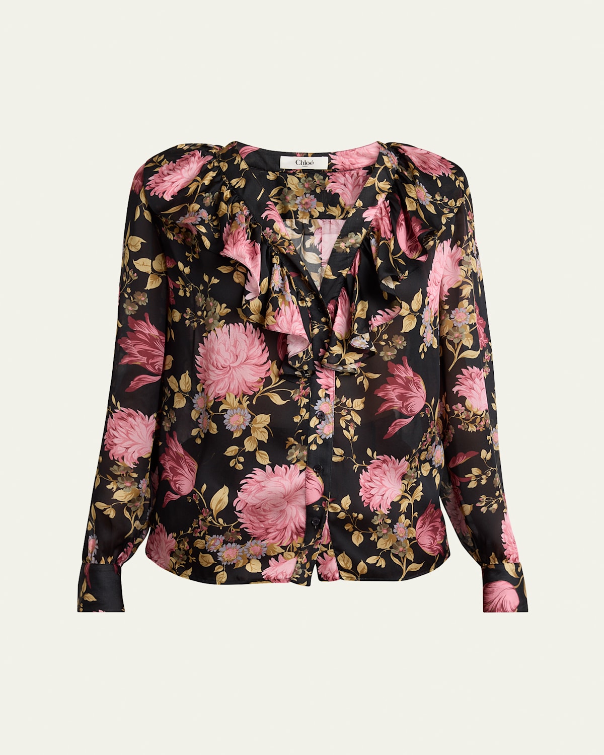Shop Chloé Floral Ruffle-trim Button Down Silk Top In Black