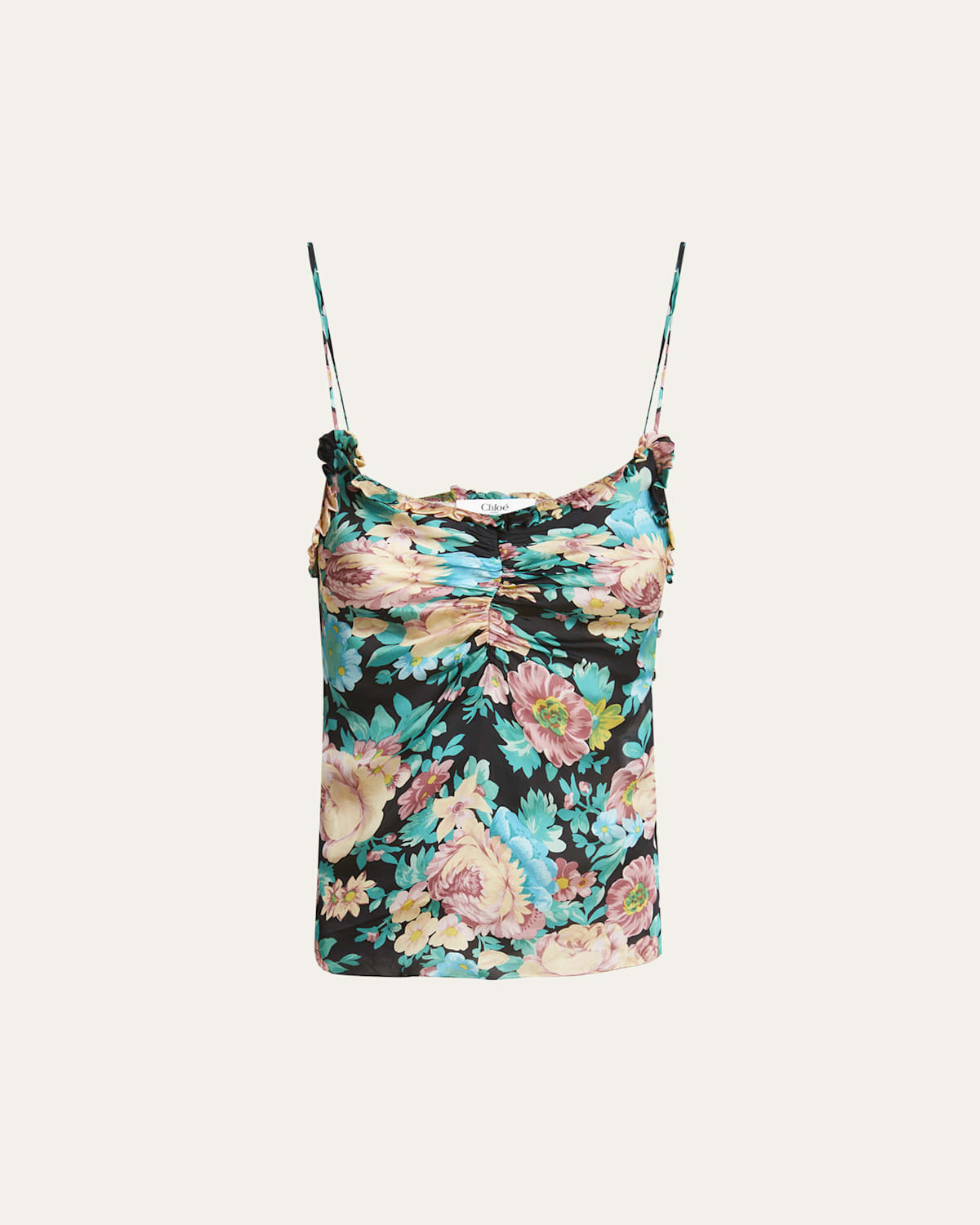 Chloé Floral Ruched Ruffle-trim Silk Tank Top In Black
