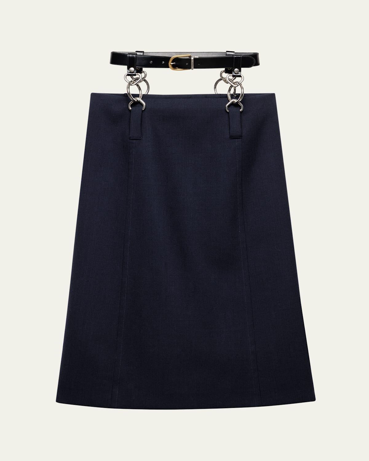 PRADA FLOATING LEATHER BELT WOOL MIDI SKIRT 