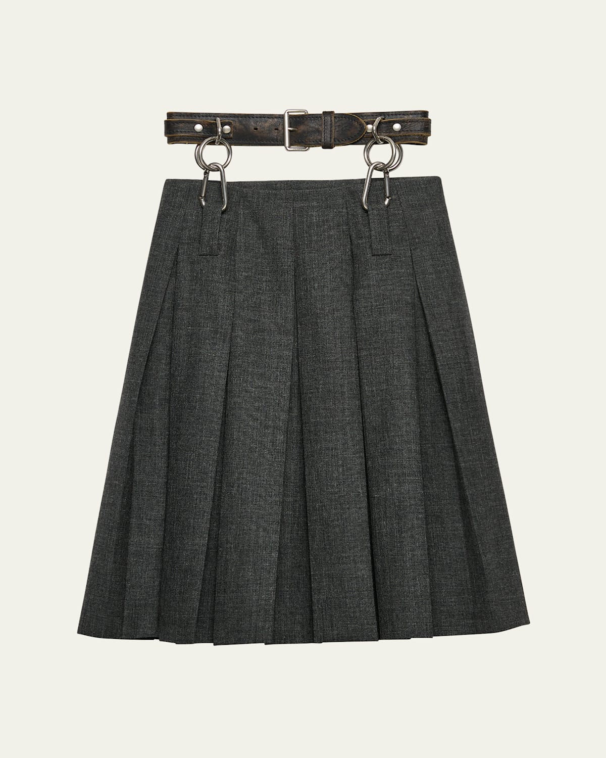 Prada Suspended Leather Belt Pleated Wool Skirt In F0480 Ardesia