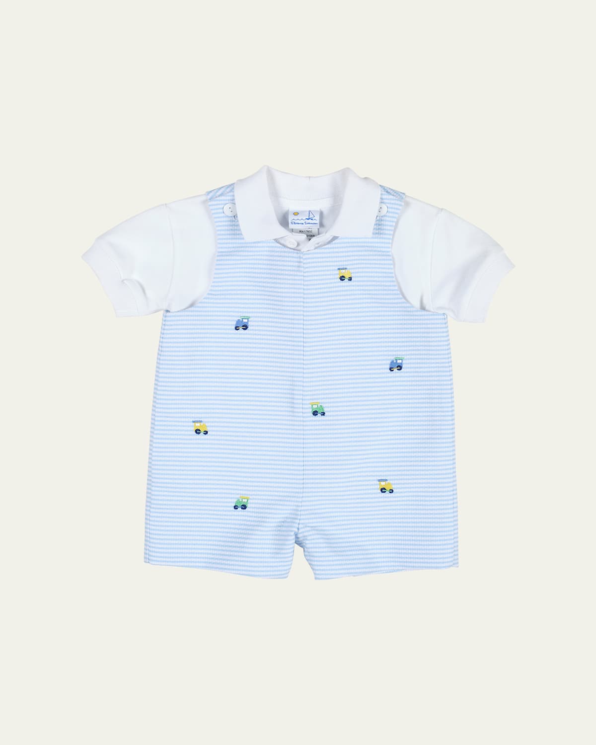 FLORENCE EISEMAN BOY'S STRIPED EMBROIDERED TRAINS SHORTALL W/ POLO SHIRT 