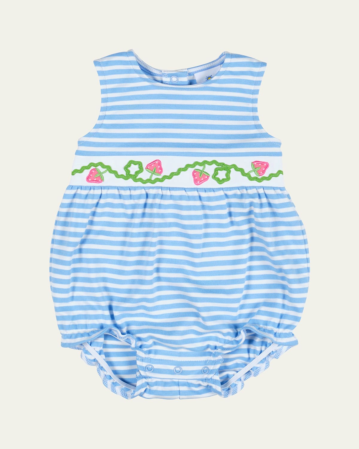 Florence Eiseman Striped Bubble Romper W/ Embroidered Strawberries In Blue Wht