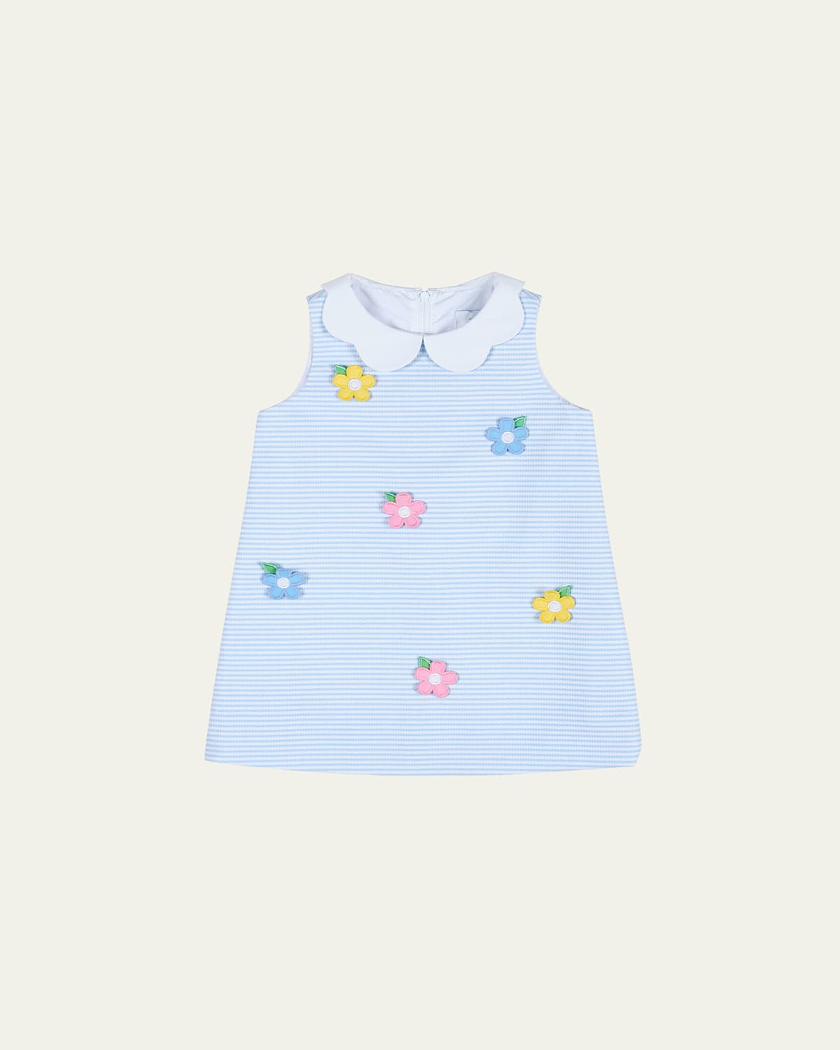 Shop Florence Eiseman Girl's Striped Dress W/ Floral Appliques In Blue Wht