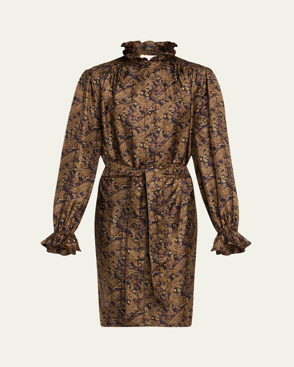 High-Neck Paisley-Print Silk Belted Dress