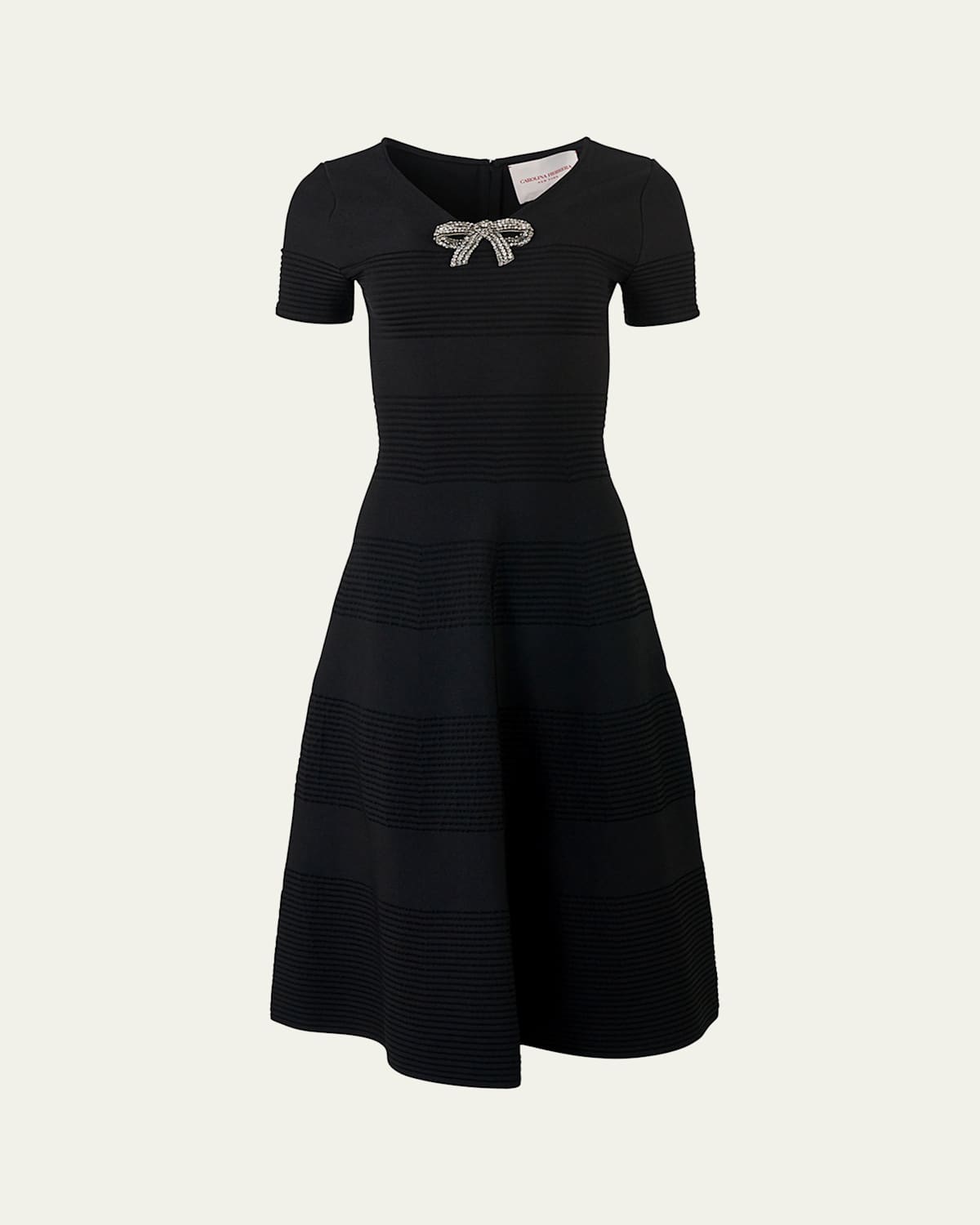 Carolina Herrera Crystal Bow V-neck Flare Dress In Black