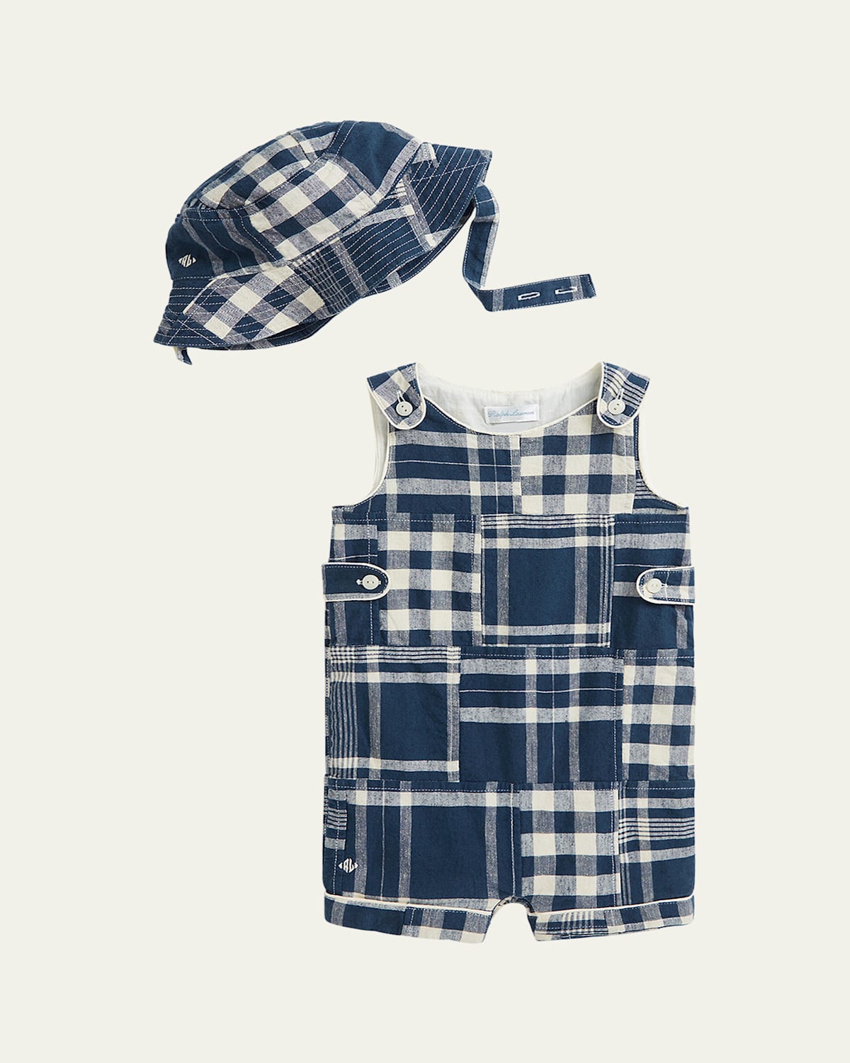 Polo Ralph Lauren Boy's Patchwork-print Overalls & Hat Set In Navy Patchwork