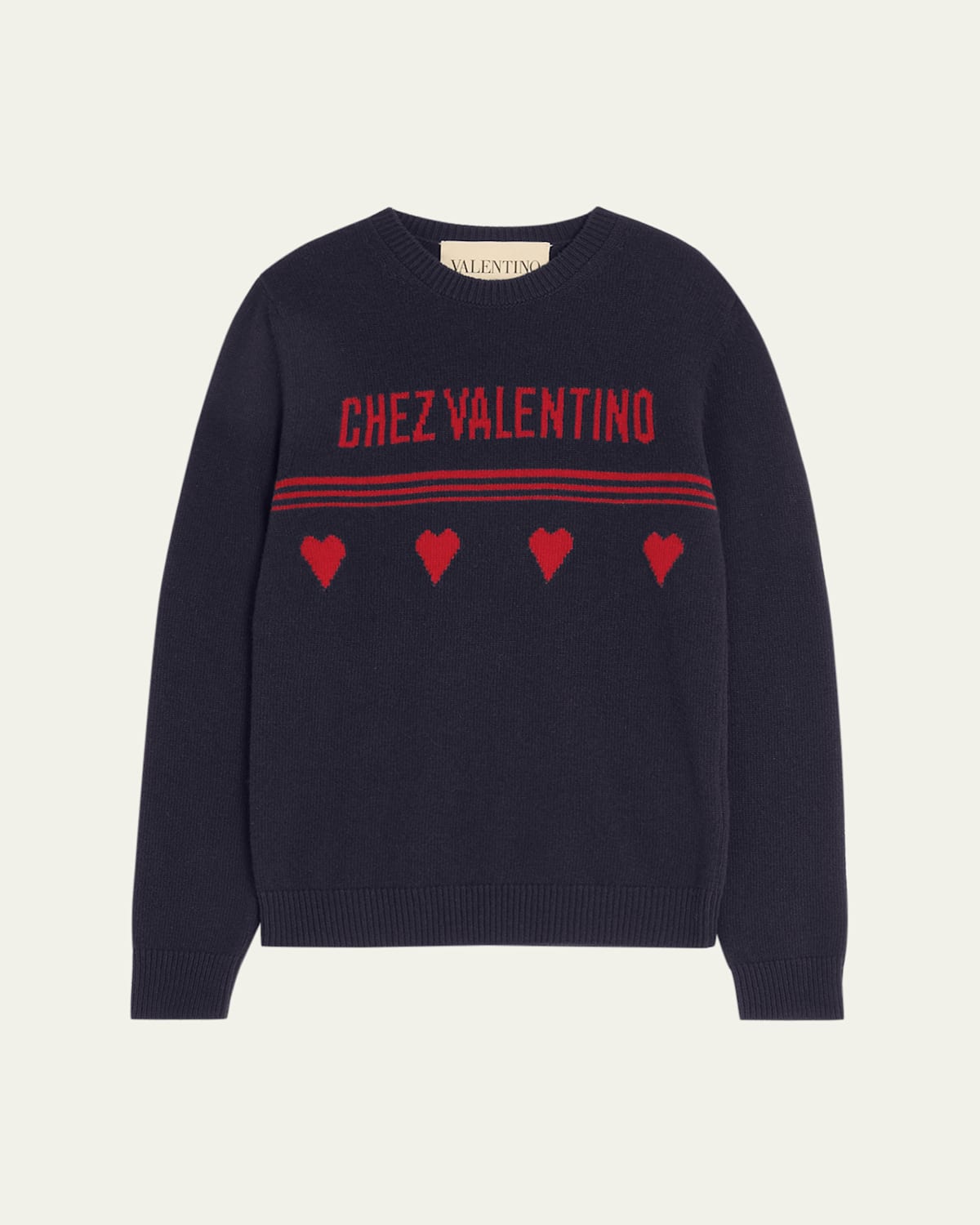 Valentino Men's Wool Chez  Heart Jacquard Crewneck Sweater In Blue