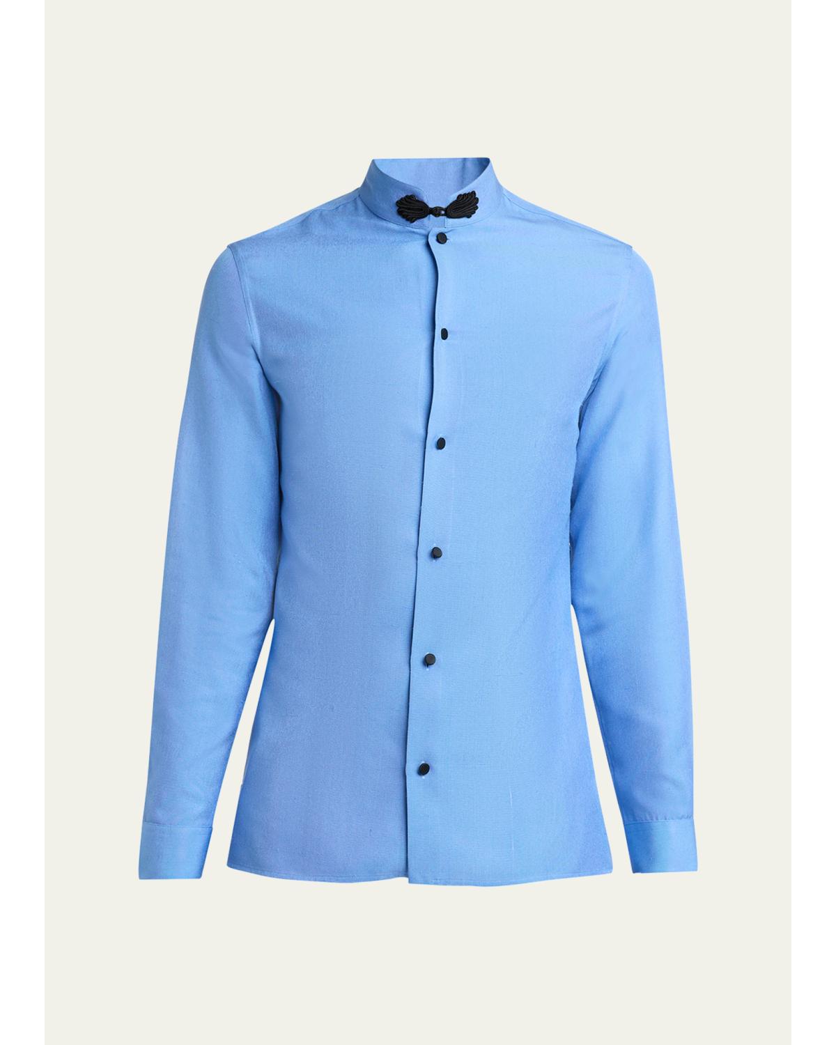 Men'S Silk Shantung Toggle Band-Collar Sport Shirt