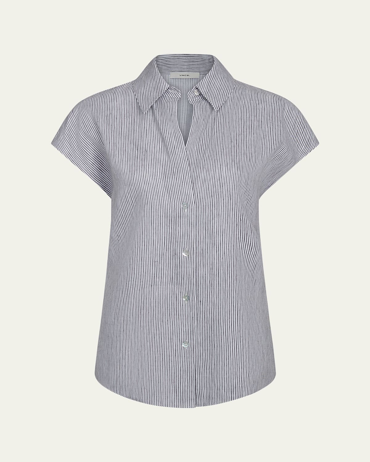 Shop Vince Ticking Stripe Cap-sleeve Blouse In Iris Slateoff White