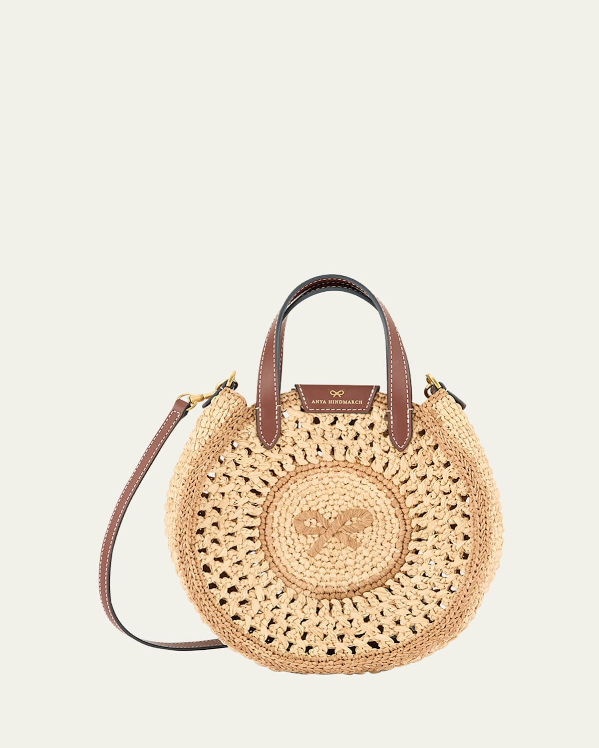 Anya Hindmarch Small Bow Round Raffia Tote Crossbody Bag