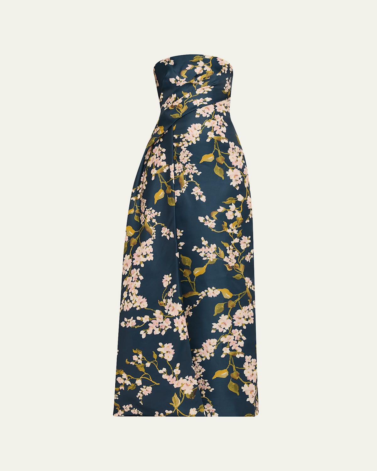 Monique Lhuillier Strapless Draped Wisteria Printed Gazar Gown In Multi