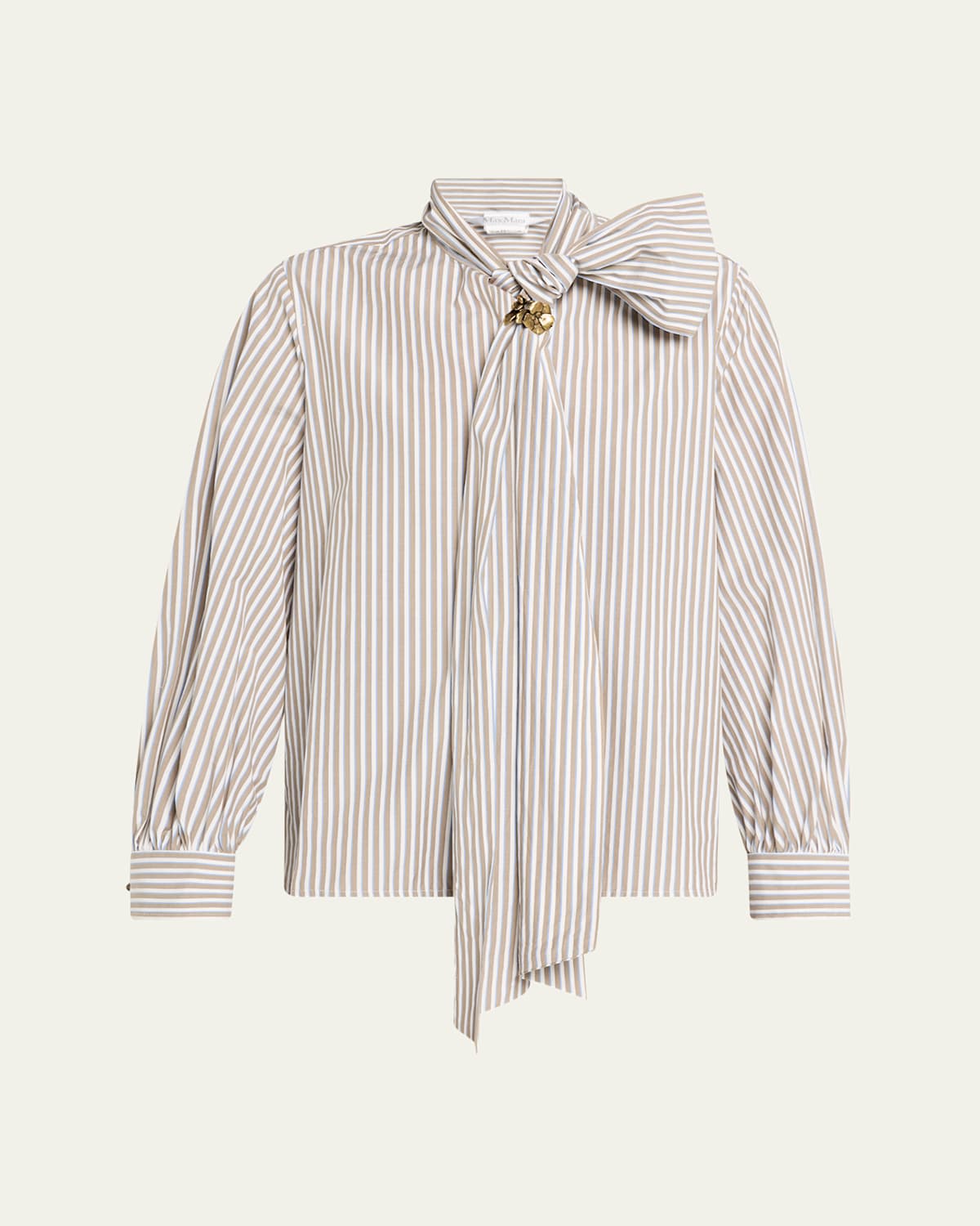 Max Mara Disco Tie-neck Striped Cotton Top In Gray
