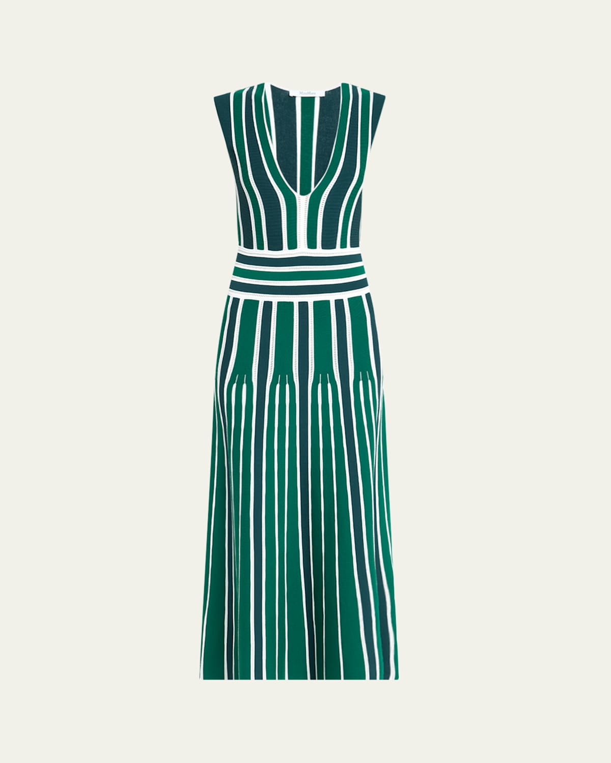 Max Mara Tallone Plunging Stripe Pleated Knit Midi Dress
