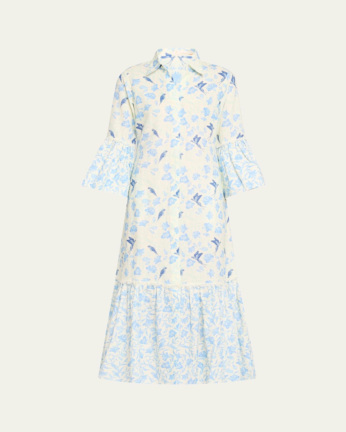 Floral Bird Linen-Cotton Midi Shirtdress