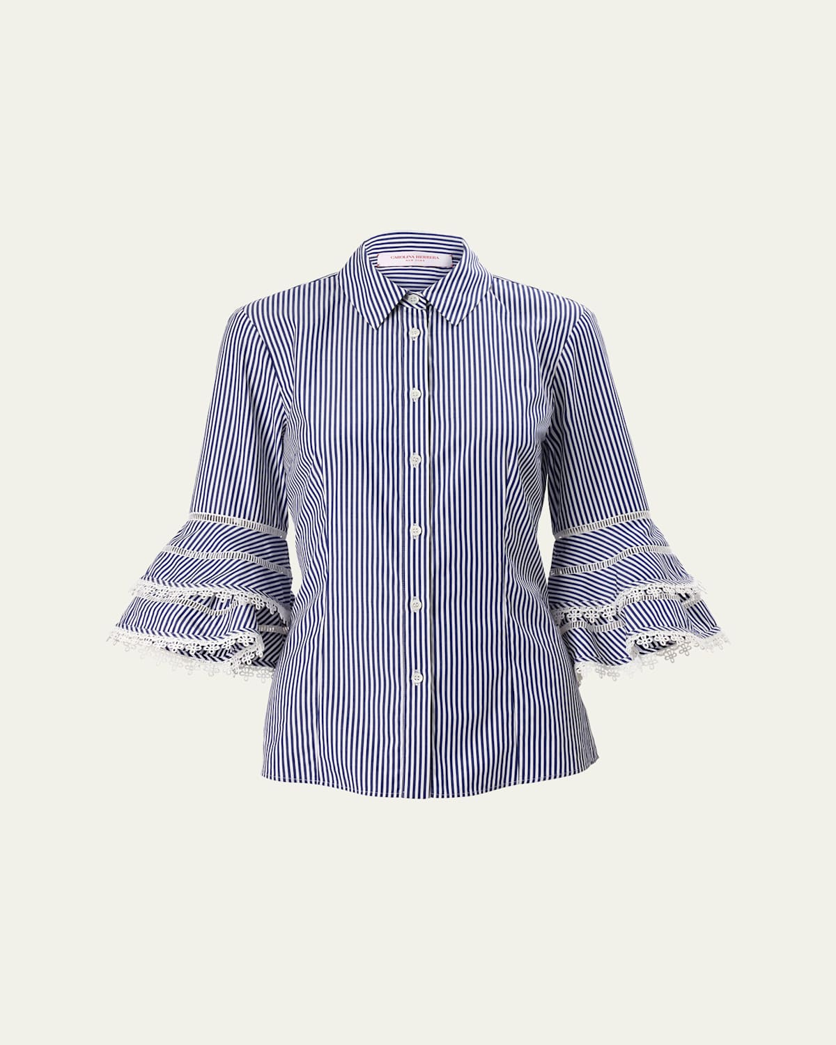 CAROLINA HERRERA STRIPE TIERED RUFFLE SLEEVE BUTTON DOWN TOP 