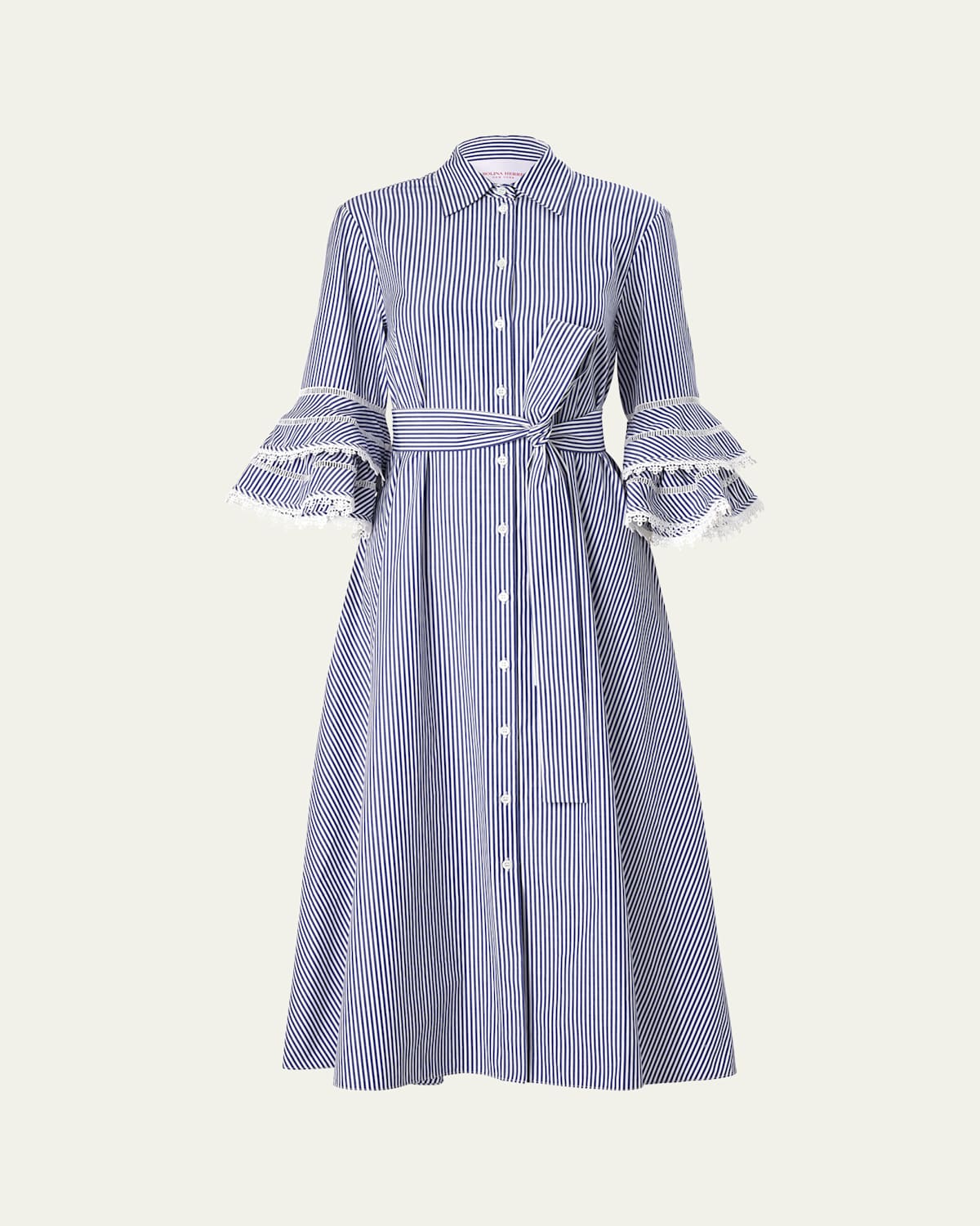 Carolina Herrera Stripe Tiered Ruffle Sleeve Belted Poplin Shirtdress In Multi