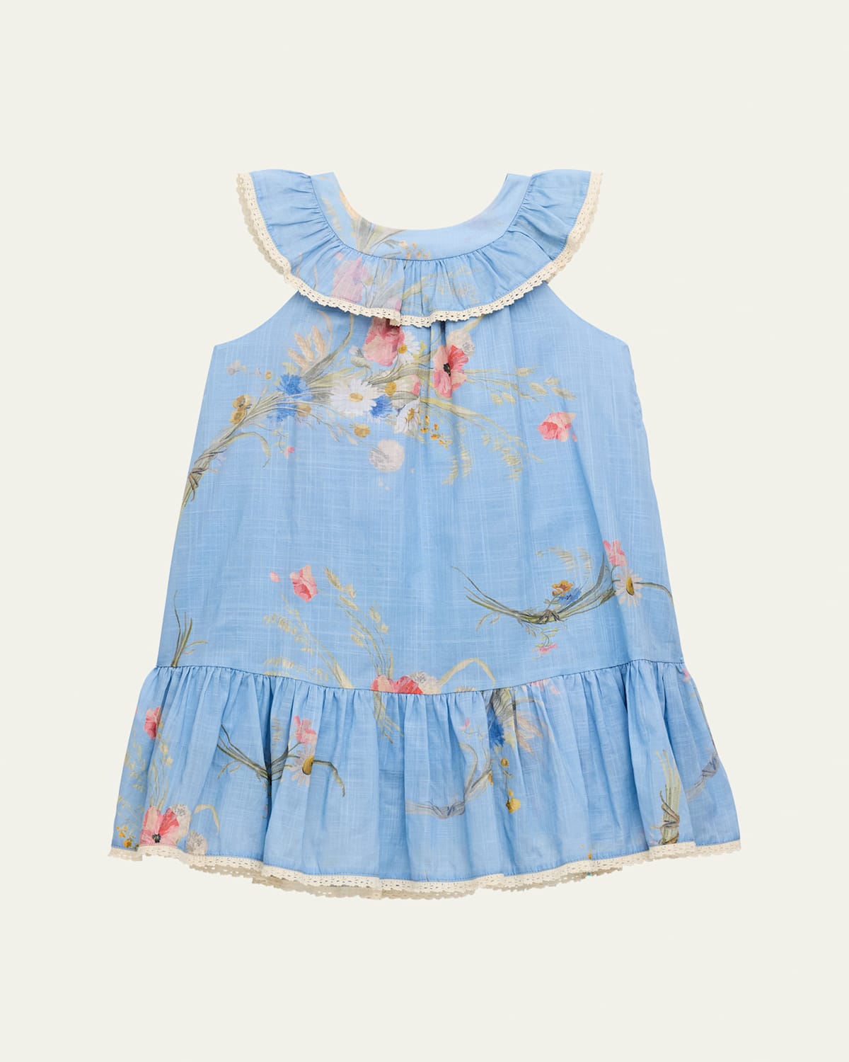 Zimmermann Girl's Lucky Kids Lattice-trim Dress In Blue Bouquet Floral
