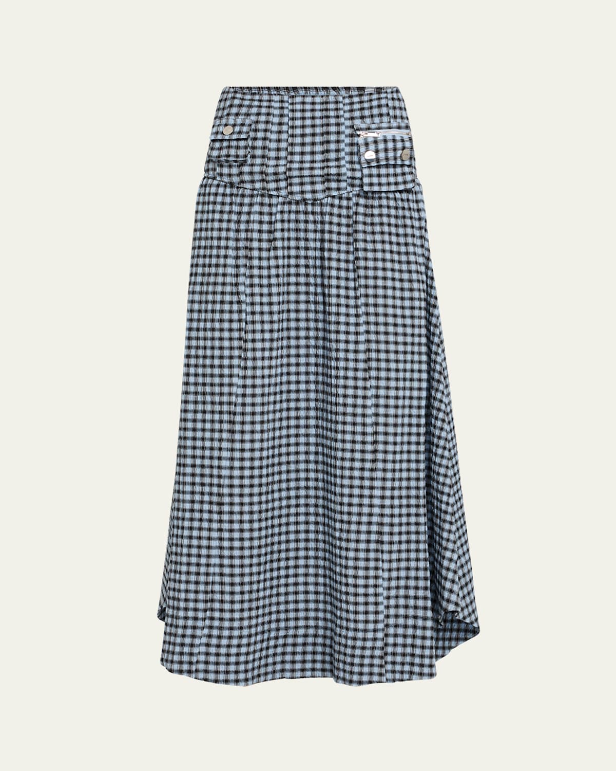 Ganni Womens Seersucker Pocket-front Check Woven Maxi Skirt Soft Chambray