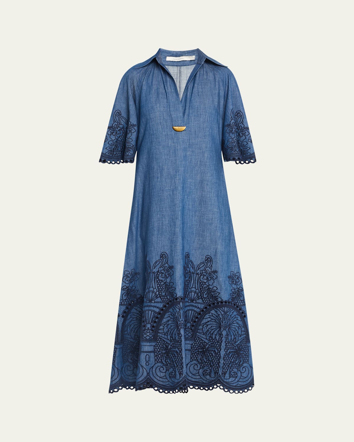 Zimmermann Coco Embroidered Denim Maxi Dress In Blue