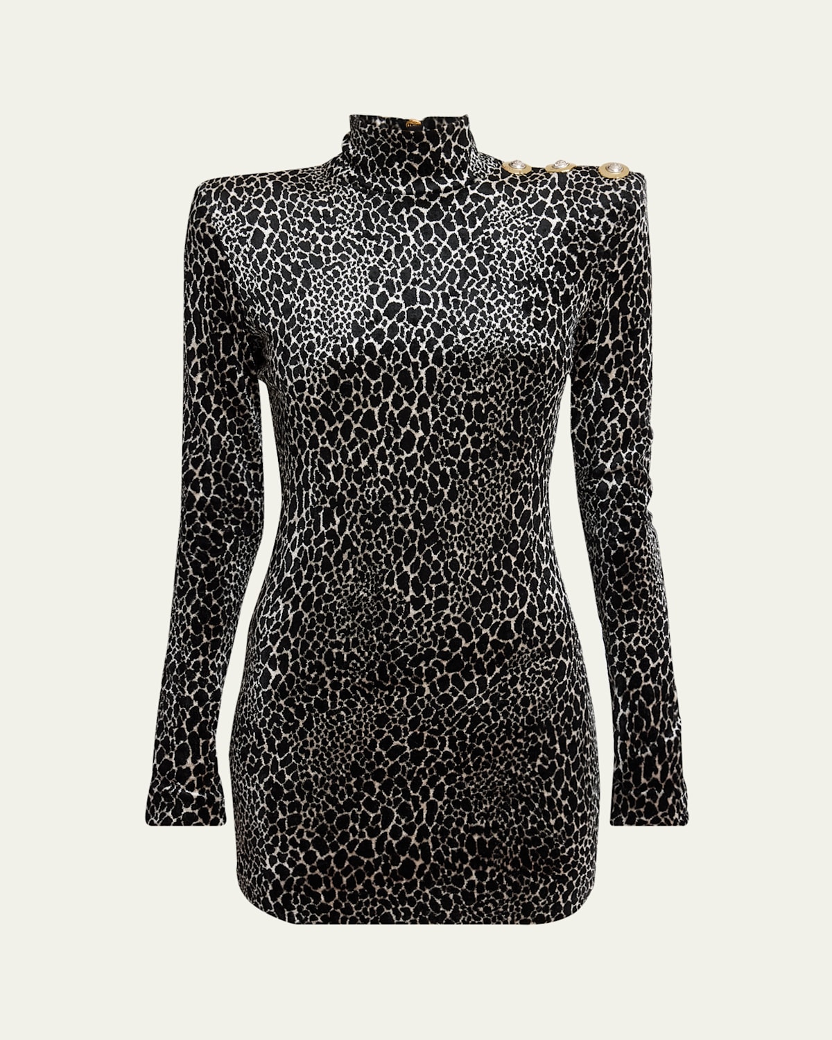 Balmain Leopard Velvet Button Strong-shoulder Mini Dress In Multi