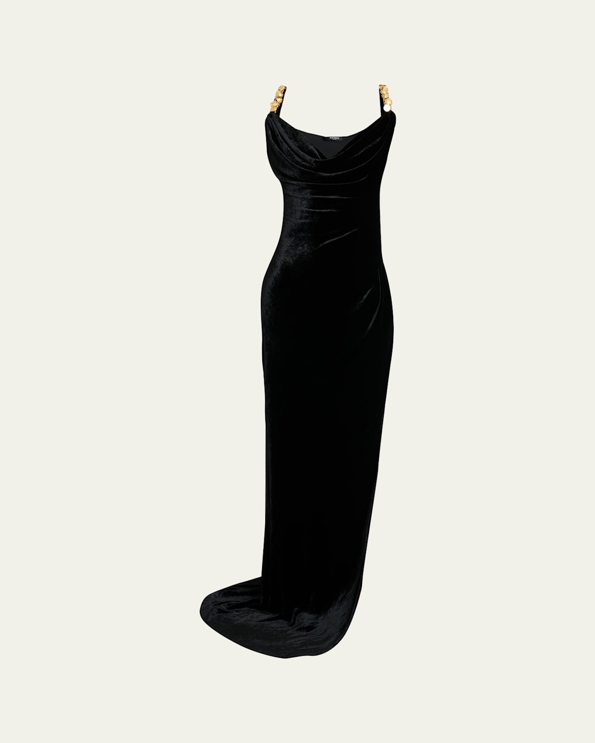 Balmain Button Cowl-neck Velvet Slit Maxi Dress